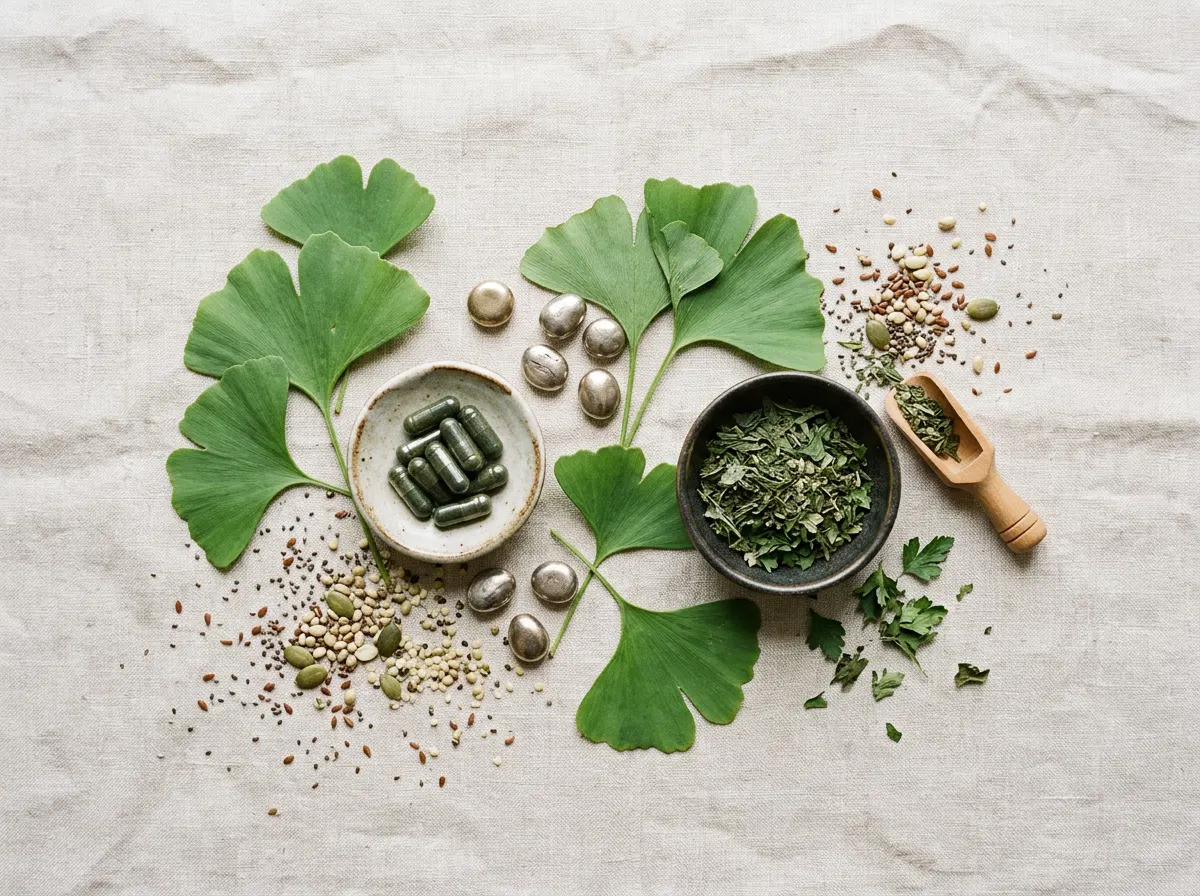 Naturliga ingredienser: ginkgoblad, magnesium, zink och kapslar på ljust underlag