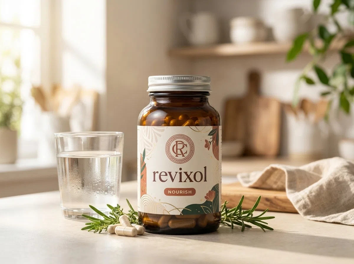 Revixol-burk på träunderlag med ginkgoblad och vattenglas - Revixol kapslar hälsotillskott